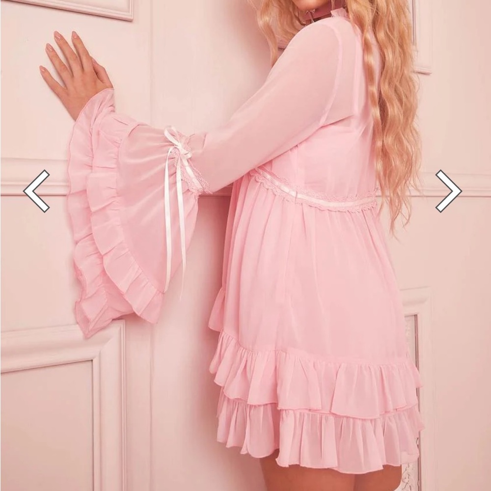 Sheer Pink Bell Sleeve Mini Dress